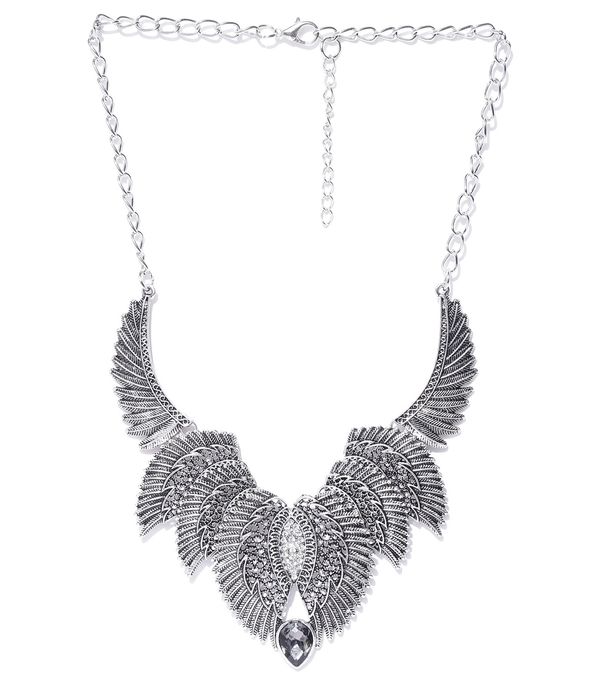 YouBella Oxidised Silver-Plated Textured Stone-Studded Necklace